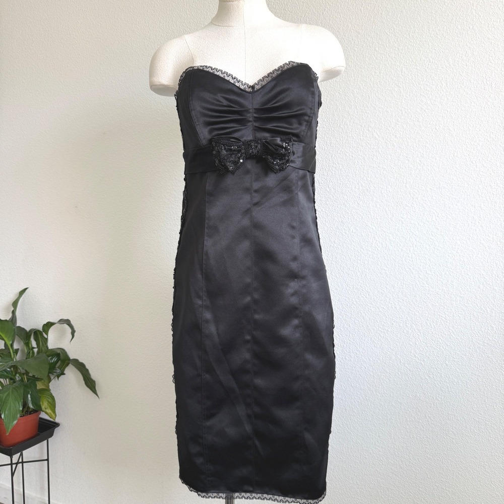 Vintage Betsey Johnson Evening Black Satin Strapless Dress Lace Beaded Bow Sz 8